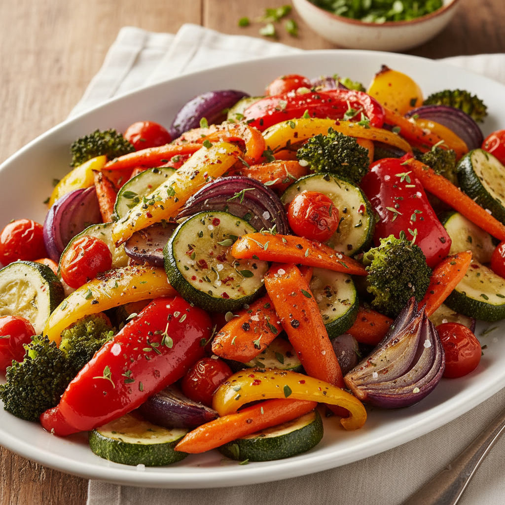 A colorful mix of seasoned, oven-roasted vegetables.