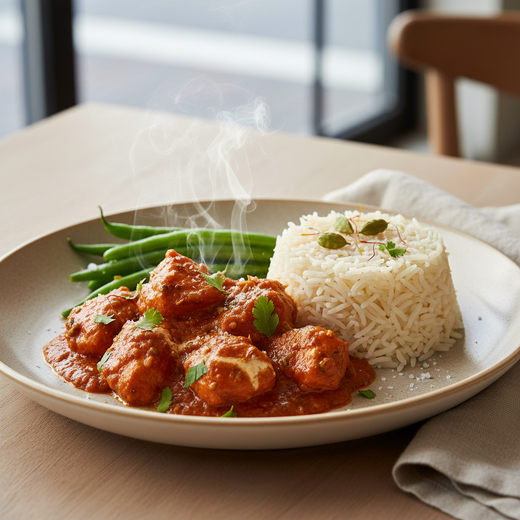 A rich, comforting Indian-inspired chicken masala served with fragrant basmati rice and tender green beans.
Includes:
6 oz chicken masala, 4 oz basmati rice, 6 oz green beans