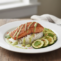Cajun-spiced salmon served over fluffy white rice with tender sliced zucchini, finished with a creamy avocado-lime sauce.