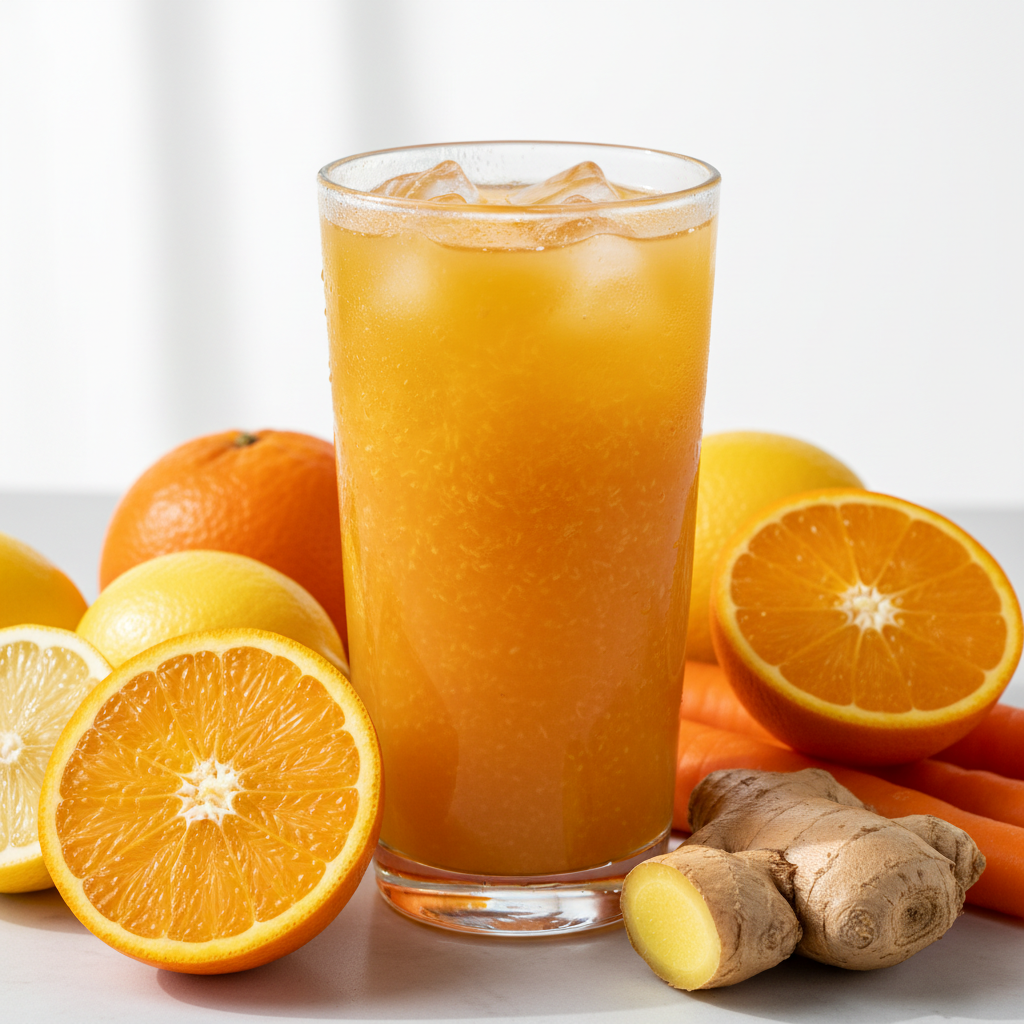 Citrus power juice made with Orange, lemon, carrot, and ginger.