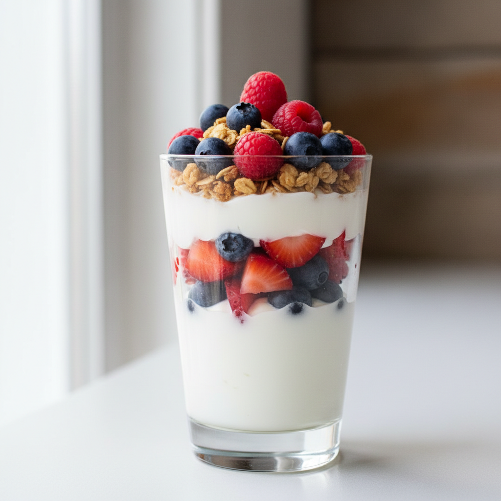 Creamy Oikos Greek yogurt layered with fresh fruit and crunchy granola for a balanced, protein-packed breakfast.
20g of protein per serving