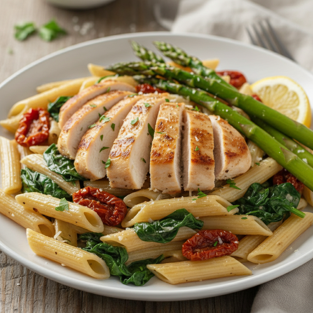 Healthy Tuscan Chicken made with Penne pasta, spinach, asparagus and sun-dried tomatoes