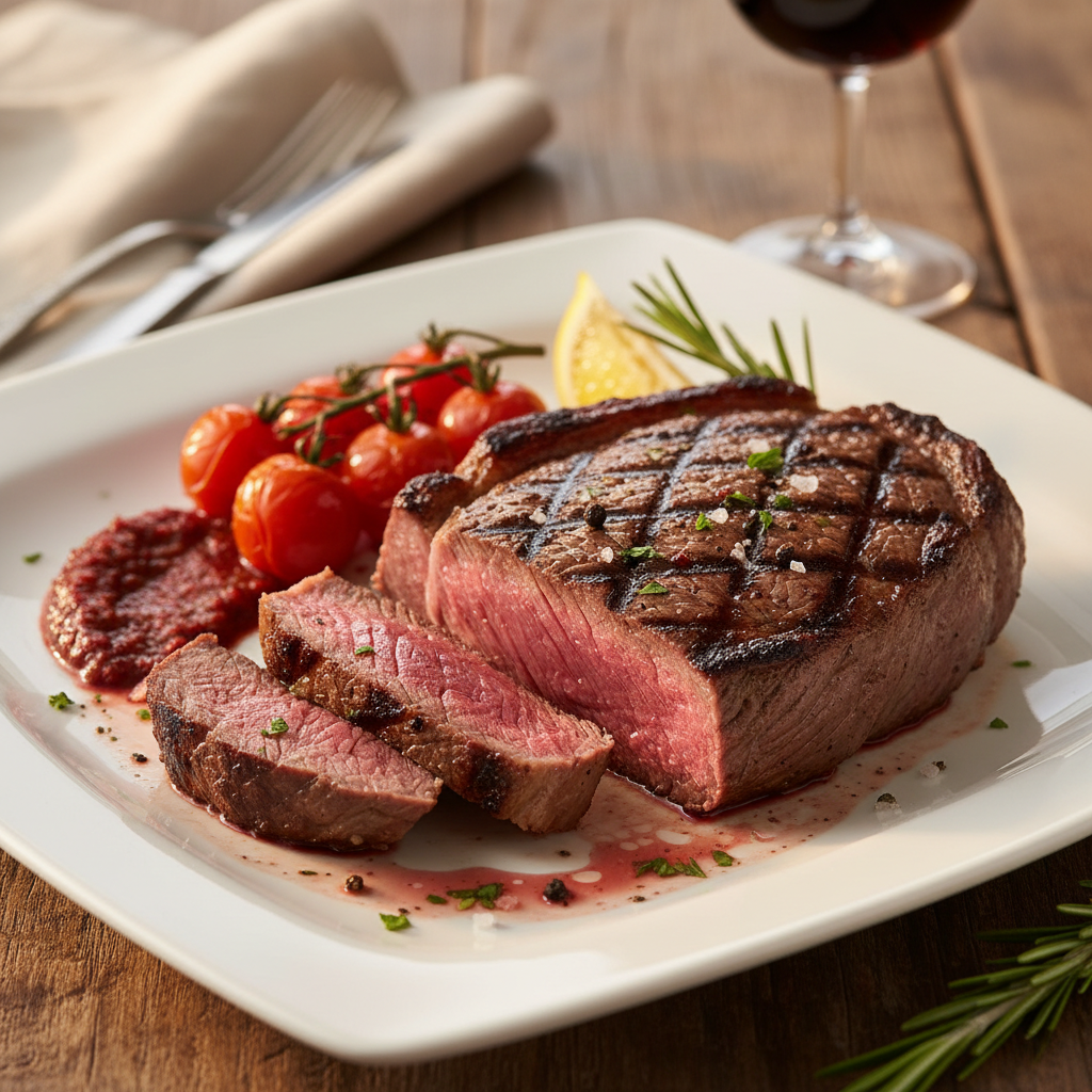 Juicy grilled sirloin steak, seasoned and cooked to perfection.
