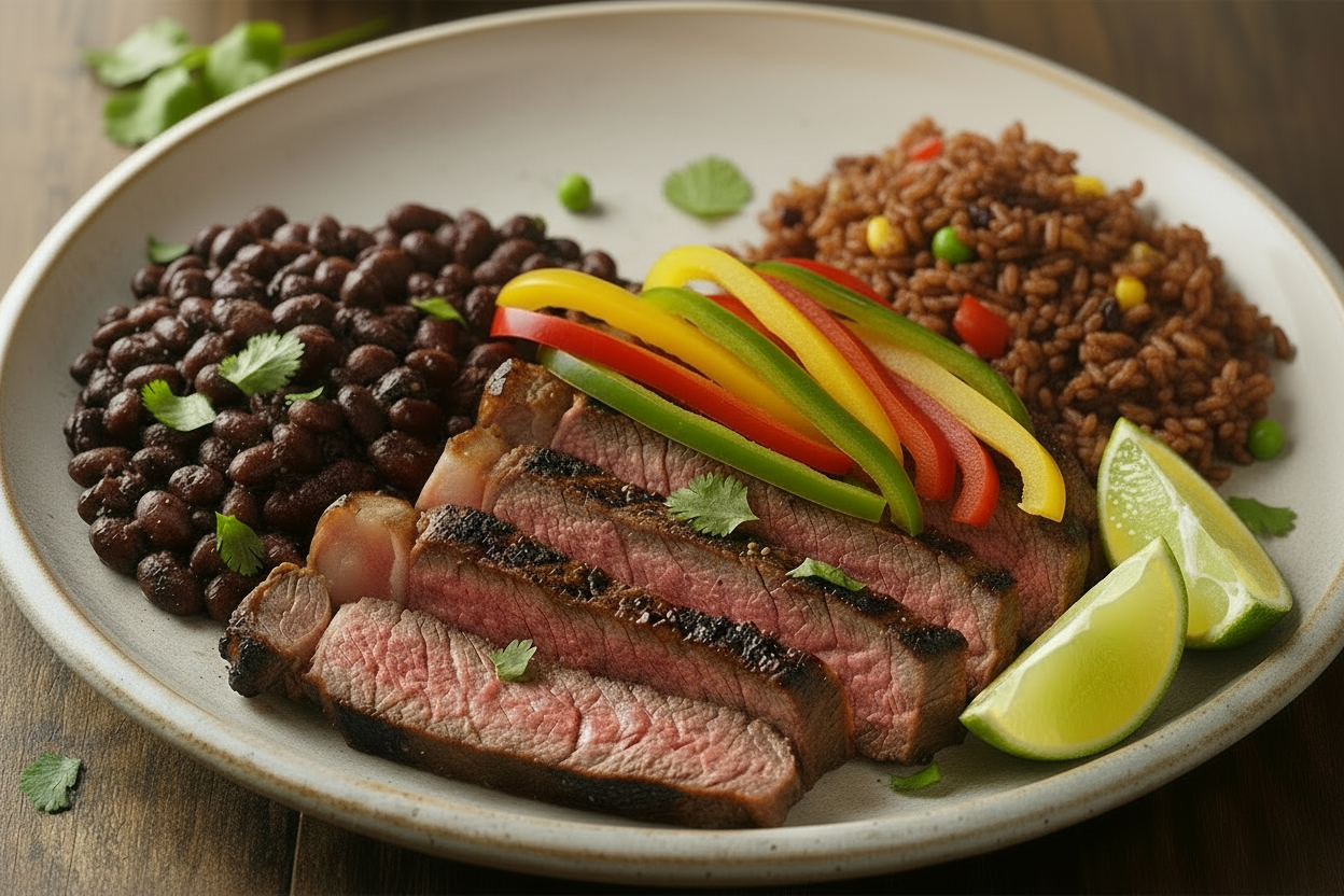 Juicy tri-tip steak served with Mexican rice, black beans, and warm flour tortillas.