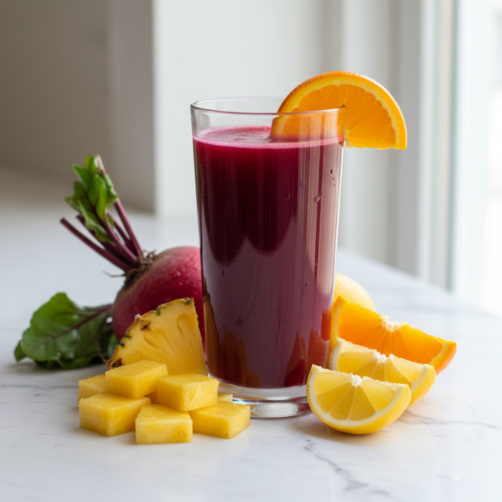 Red fuel juice, made with beets, pineapple, orange, and lemon