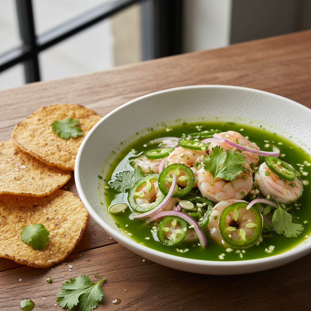 resh shrimp marinated in a bold citrus aguachile with garlic, jalapeño, serrano peppers, red onion, and cilantro.
Served with three crispy tostadas.